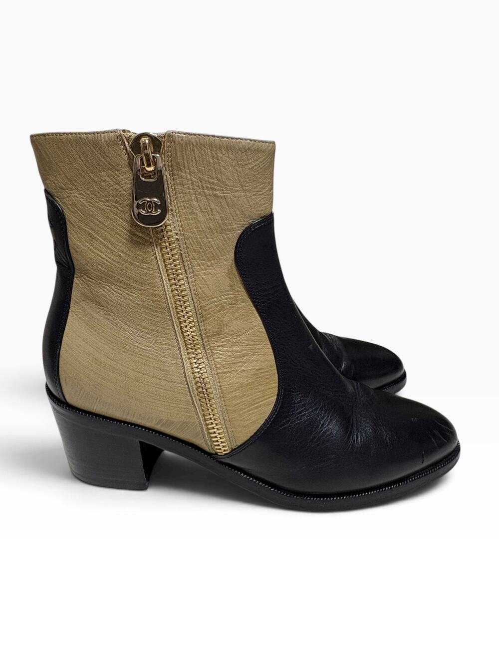 Chanel 2015 Two Tone Leather Block Heel Ankle Boots 39 9
